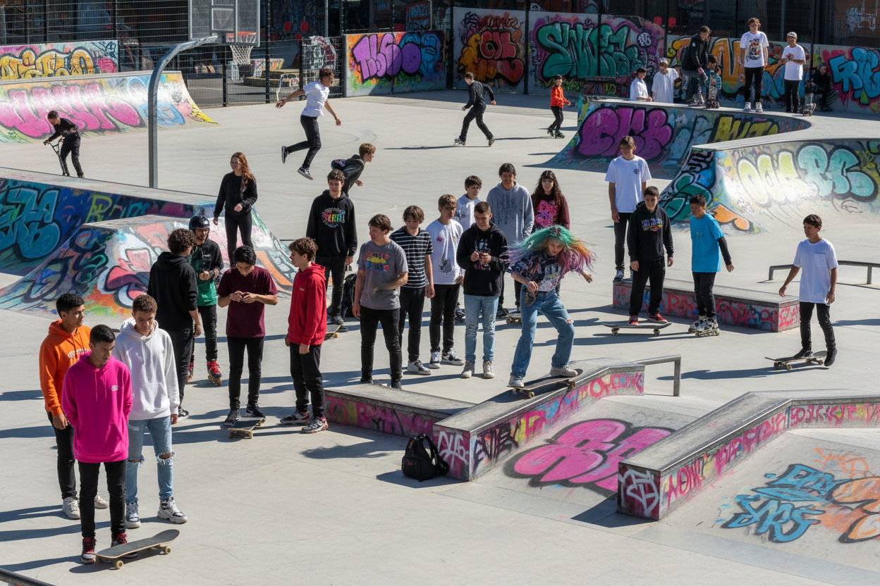 Crie uma cena ampla em um skatepark urbano ao ar livre, com estética moderna, vibrante e jovem. Mostre um grupo grande de adolescentes e jovens adultos com roupas streetwear coloridas (moletom oversized, jeans, camisetas básicas, tênis estilosos). A composição deve incluir:

Uma quadra de basquete e um aro ao fundo, com um jovem pulando alto para uma enterrada.

Uma área de skate com rampas, corrimãos e blocos coloridos, todos cobertos de grafites vibrantes em rosa, azul, amarelo e verde.

Uma jovem com cab